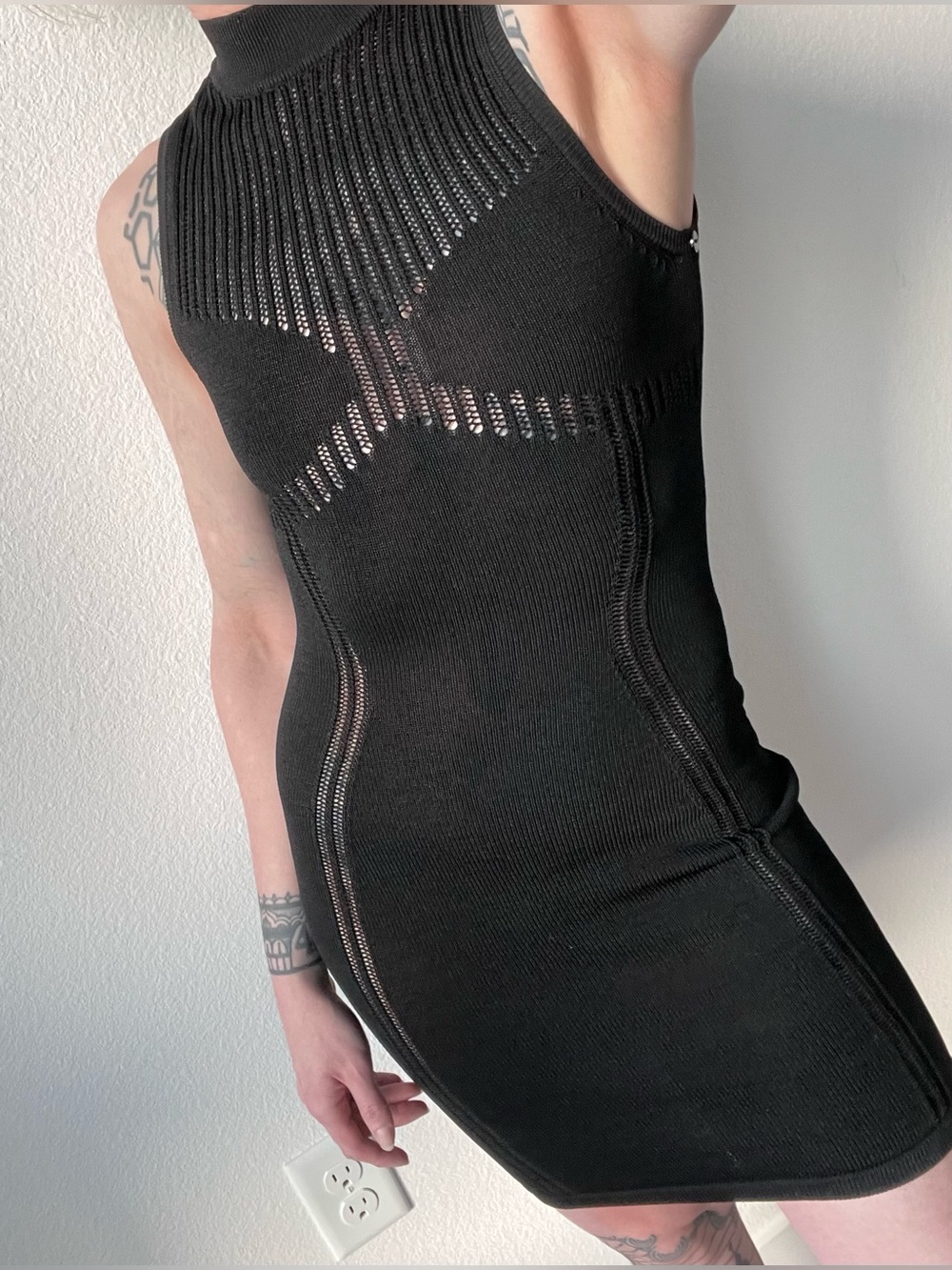 Knit cutout mini dress, sheer black, Maniére de Voir, size Medium M